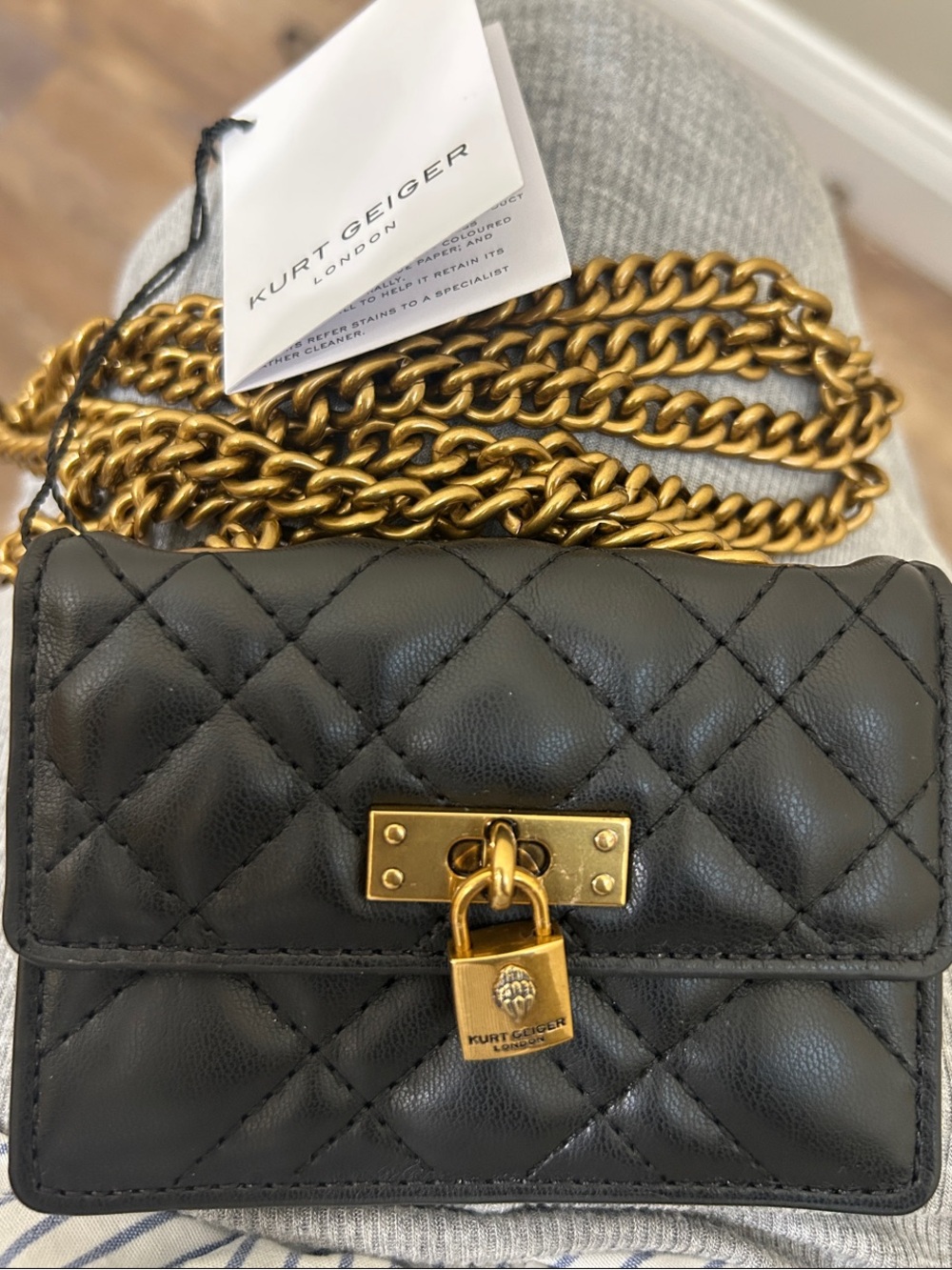 Kurt Geiger Black Quilted Leather Crossbody with Gold Chain and Padlock